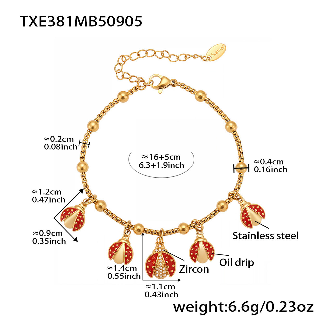 316L Stainless Steel Red Enamel Zircon Beetle Multi-Charm Necklace & Bracelet Set - Image 16