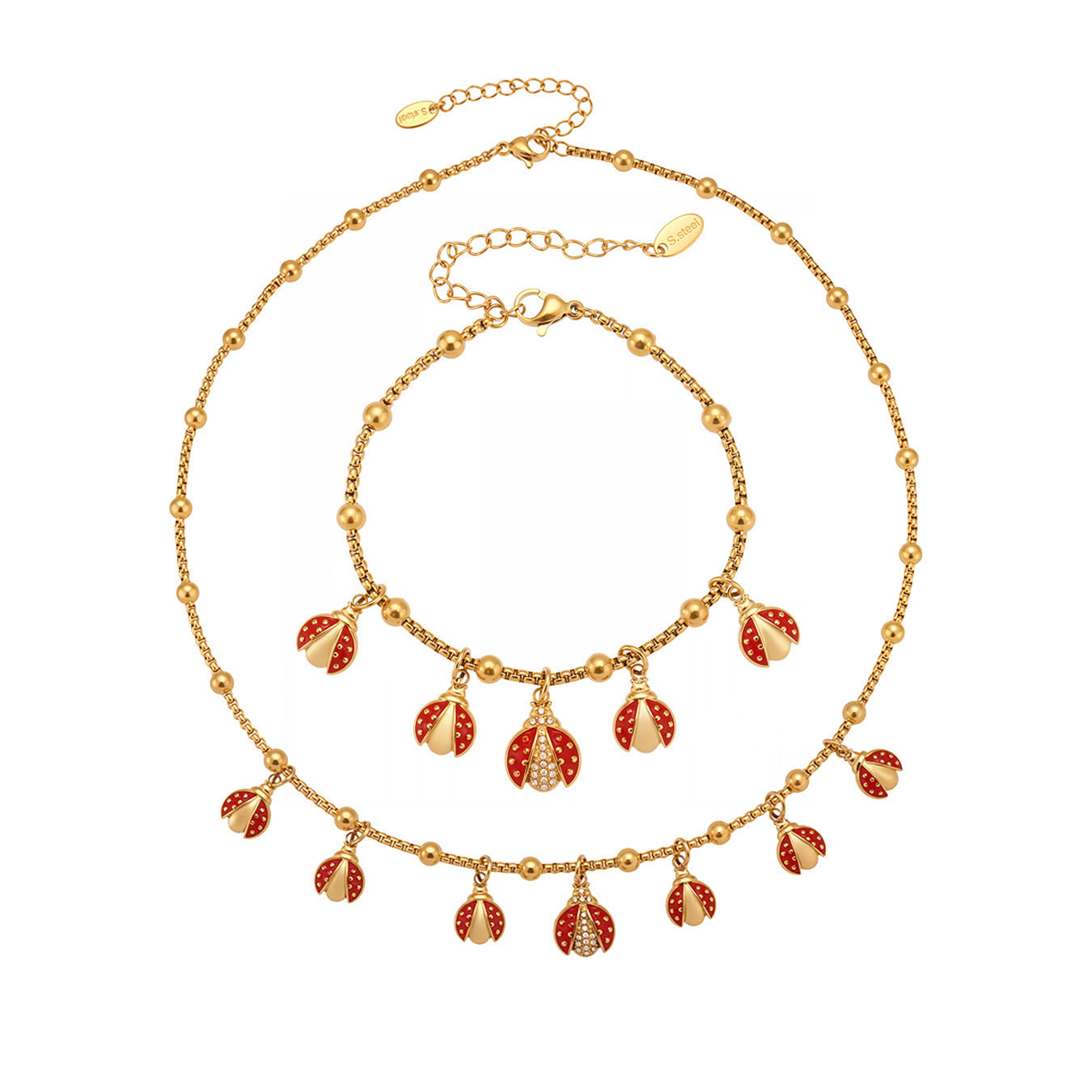 316L Stainless Steel Red Enamel Zircon Beetle Multi-Charm Necklace & Bracelet Set - Image 18