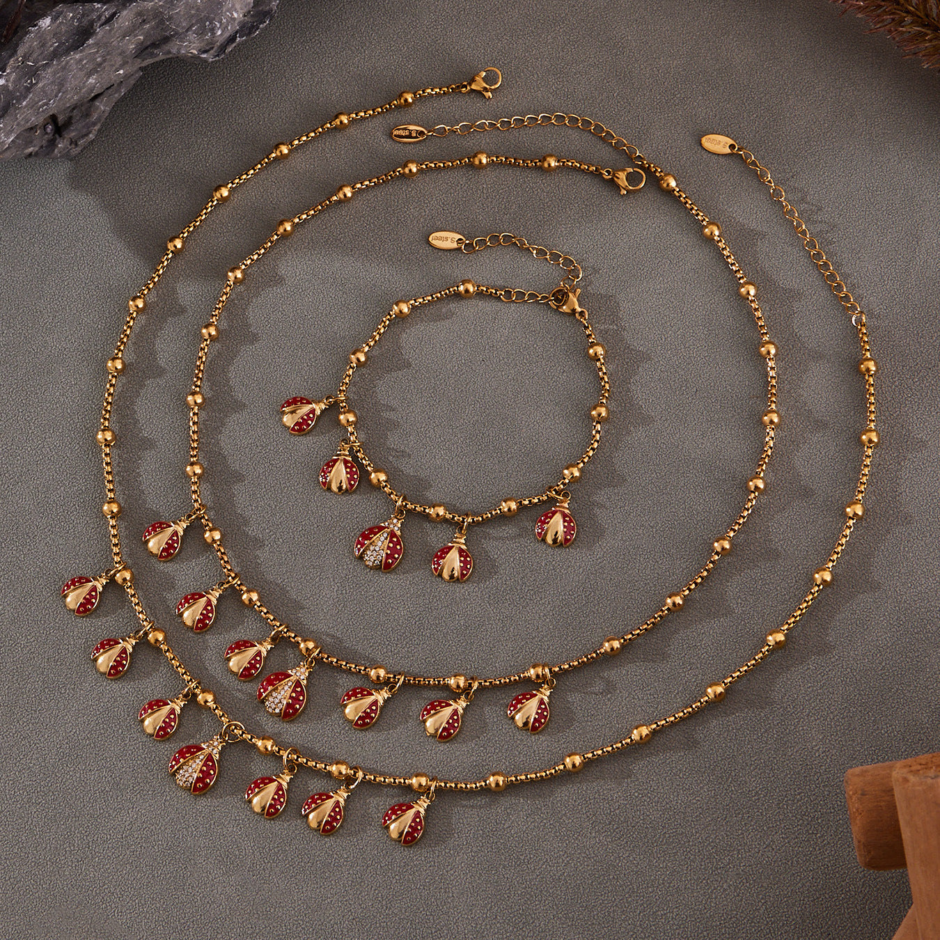 316L Stainless Steel Red Enamel Zircon Beetle Multi-Charm Necklace & Bracelet Set - Image 2