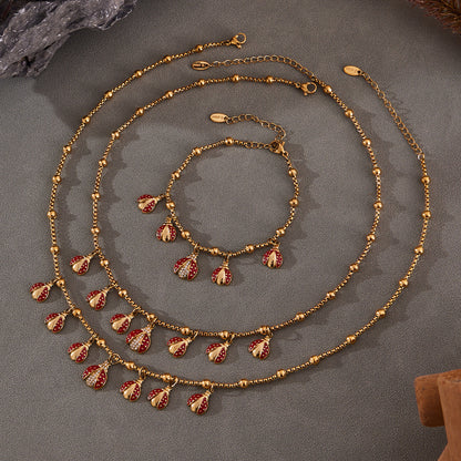 316L Stainless Steel Red Enamel Zircon Beetle Multi-Charm Necklace & Bracelet Set - Image 2