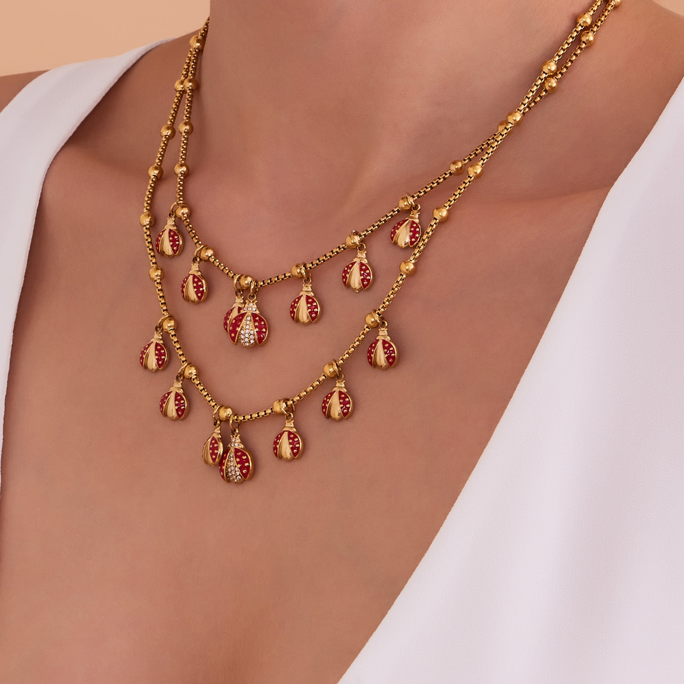 316L Stainless Steel Red Enamel Zircon Beetle Multi-Charm Necklace & Bracelet Set - Image 3