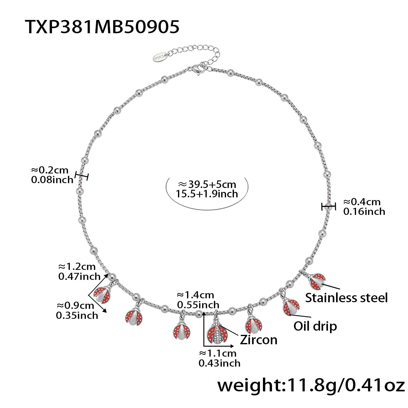 316L Stainless Steel Red Enamel Zircon Beetle Multi-Charm Necklace & Bracelet Set - Image 5