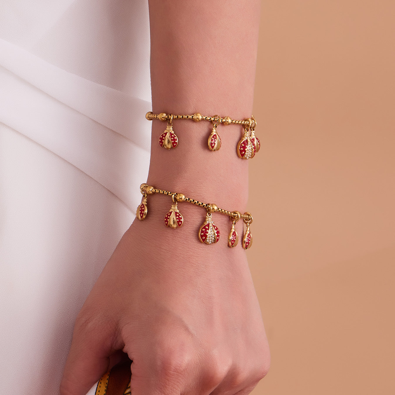 316L Stainless Steel Red Enamel Zircon Beetle Multi-Charm Necklace & Bracelet Set - Image 7