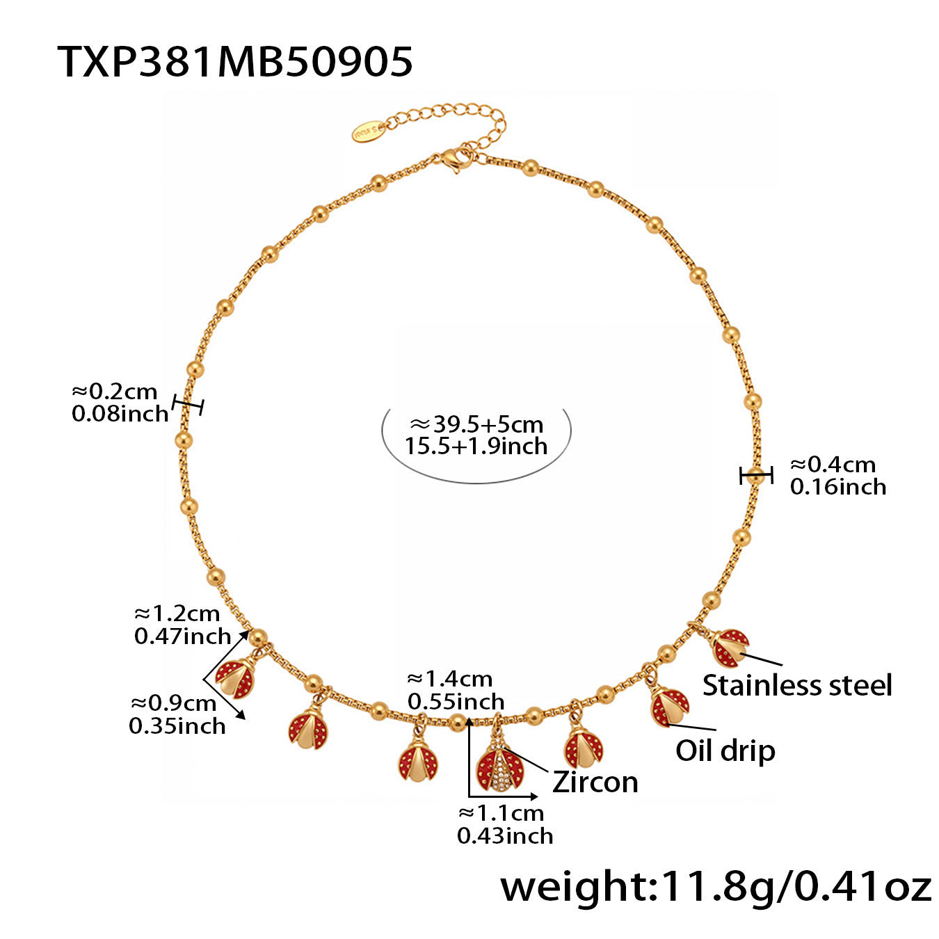 316L Stainless Steel Red Enamel Zircon Beetle Multi-Charm Necklace & Bracelet Set - Image 8