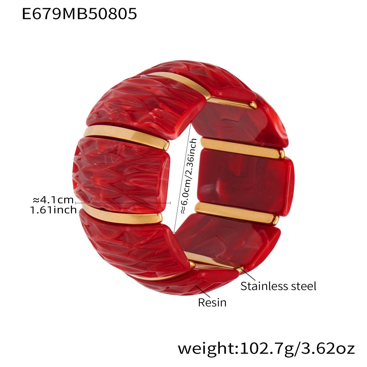 Red textured resin wide stretch bracelet with stainless steel structure and measurements