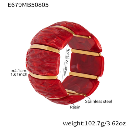 Red textured resin wide stretch bracelet with stainless steel structure and measurements