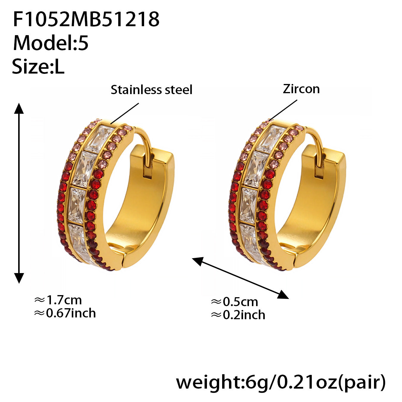 Large size 316L stainless steel hoop earrings with red 5A cubic zirconia, gold plated chunky hoop style for wholesale
