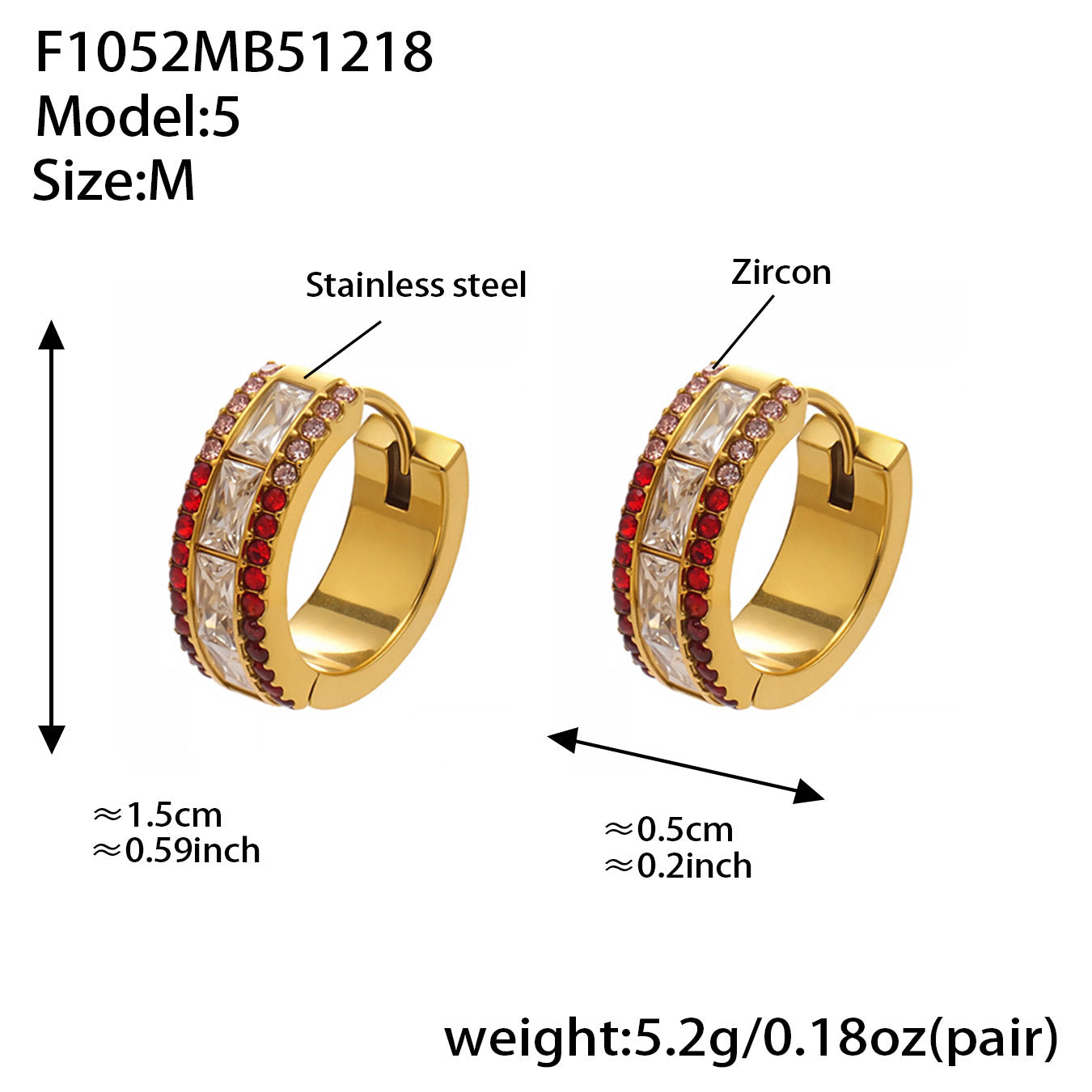 316L stainless steel red zircon hoop earrings with 5A cubic zirconia, 18K gold plated, full pave double row, wholesale earrings
