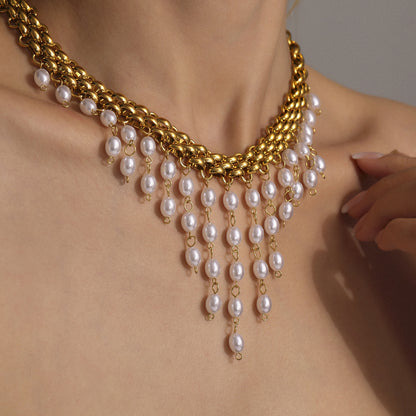 316L Stainless Steel Regal Multi-layer Beaded Tassel Necklace & Bracelet Set - Image 3