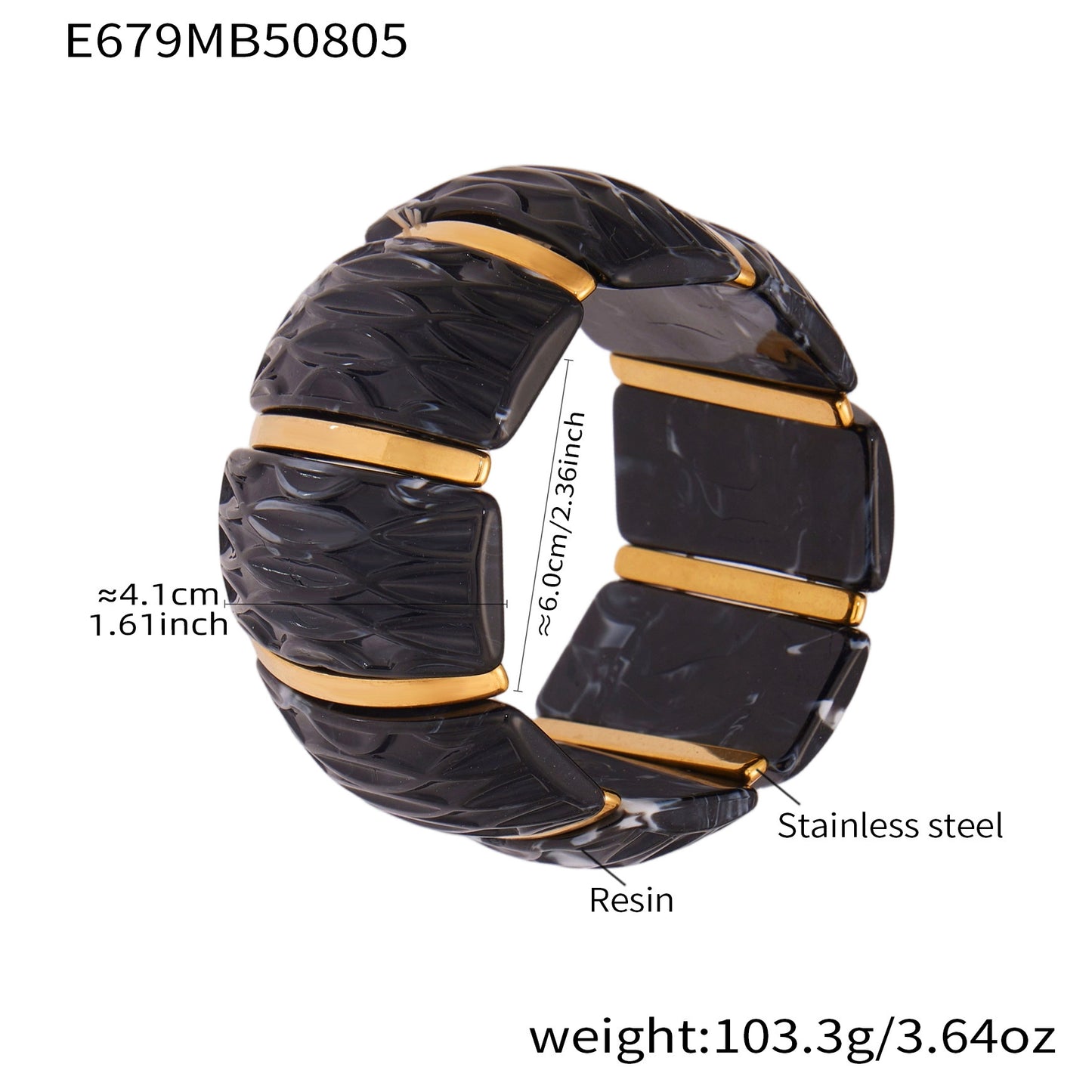 316L Stainless Steel Irregular Textured Wide Resin Stretch Bracelet