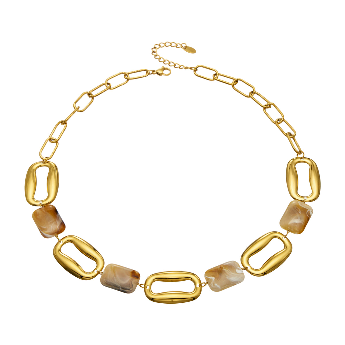 Close-up of the 18K PVD gold finish on the square necklace