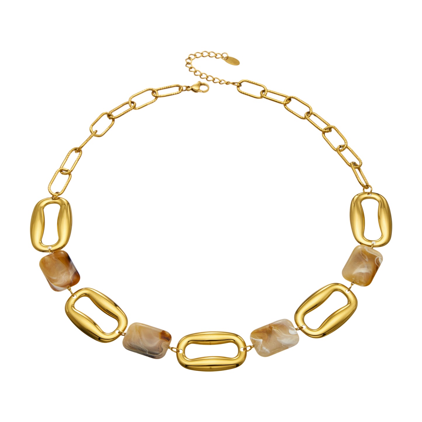 Close-up of the 18K PVD gold finish on the square necklace