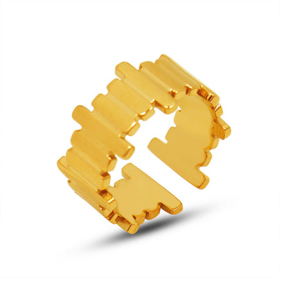 Polished ribbed open band ring in gold tone stainless steel finish