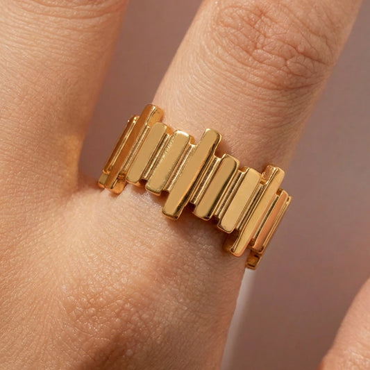 Gold tone ribbed open ring on hand, minimalist geometric stainless steel ring