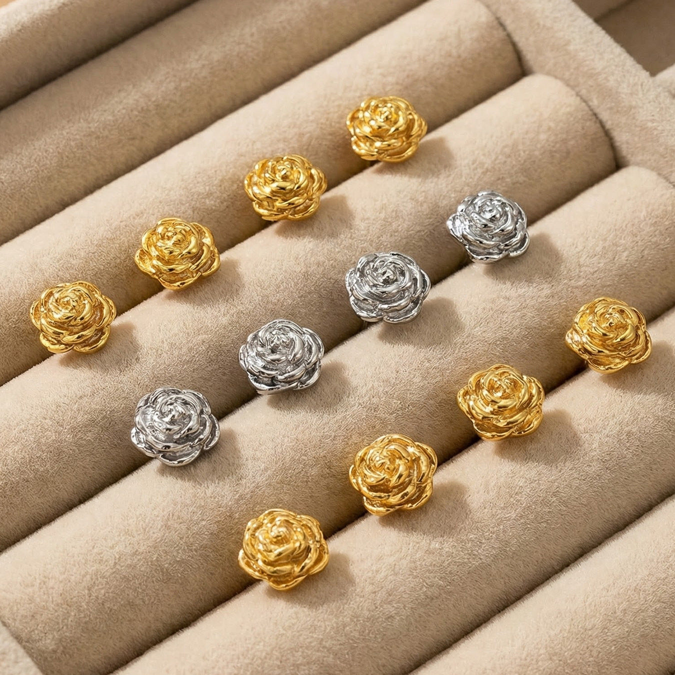 316L Stainless Steel rose flower stud earrings display in gold and silver, waterproof wholesale jewelry