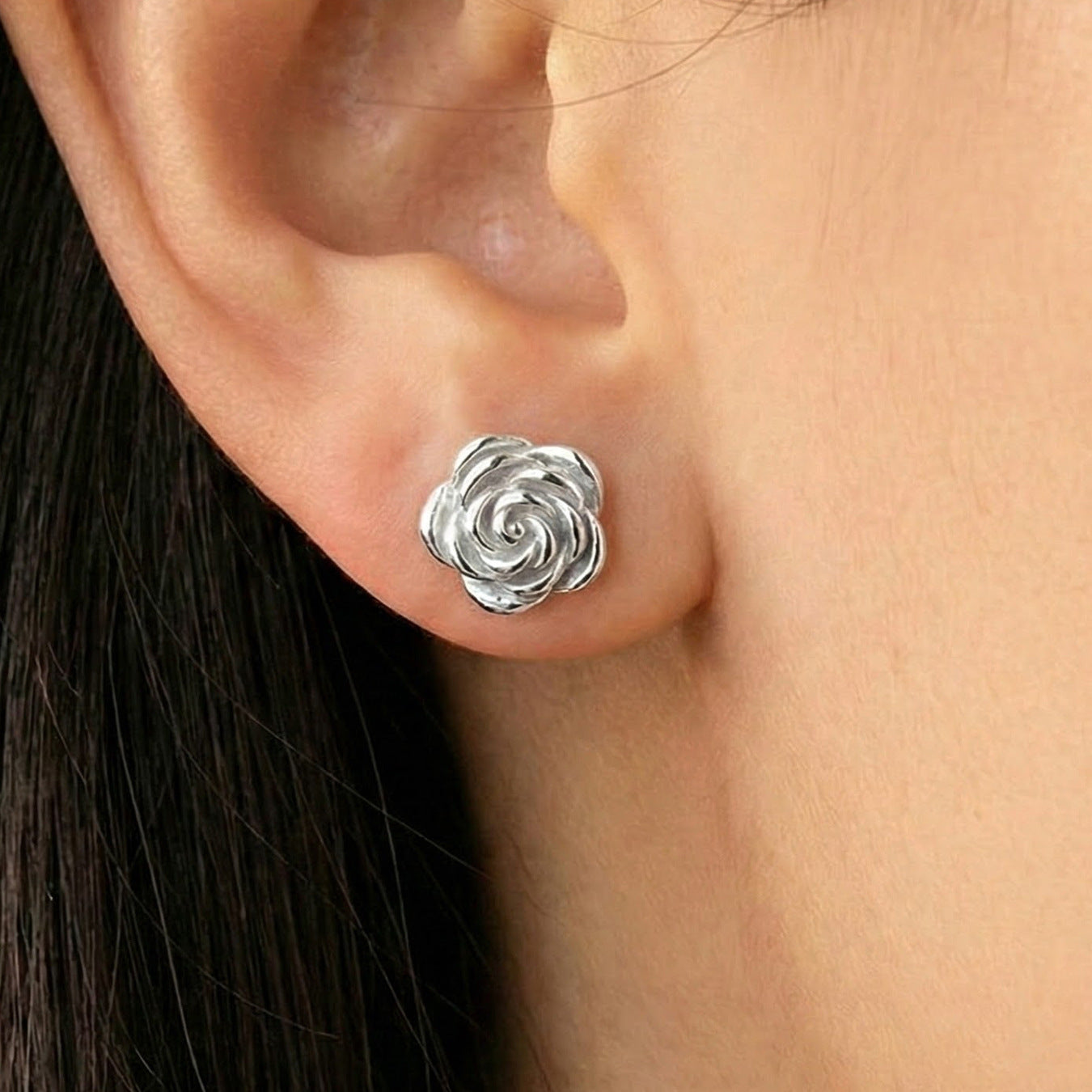 316L Stainless Steel silver rose flower stud earrings on ear, vintage French floral stud waterproof