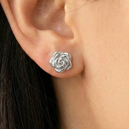 316L Stainless Steel silver rose flower stud earrings on ear, vintage French floral stud waterproof