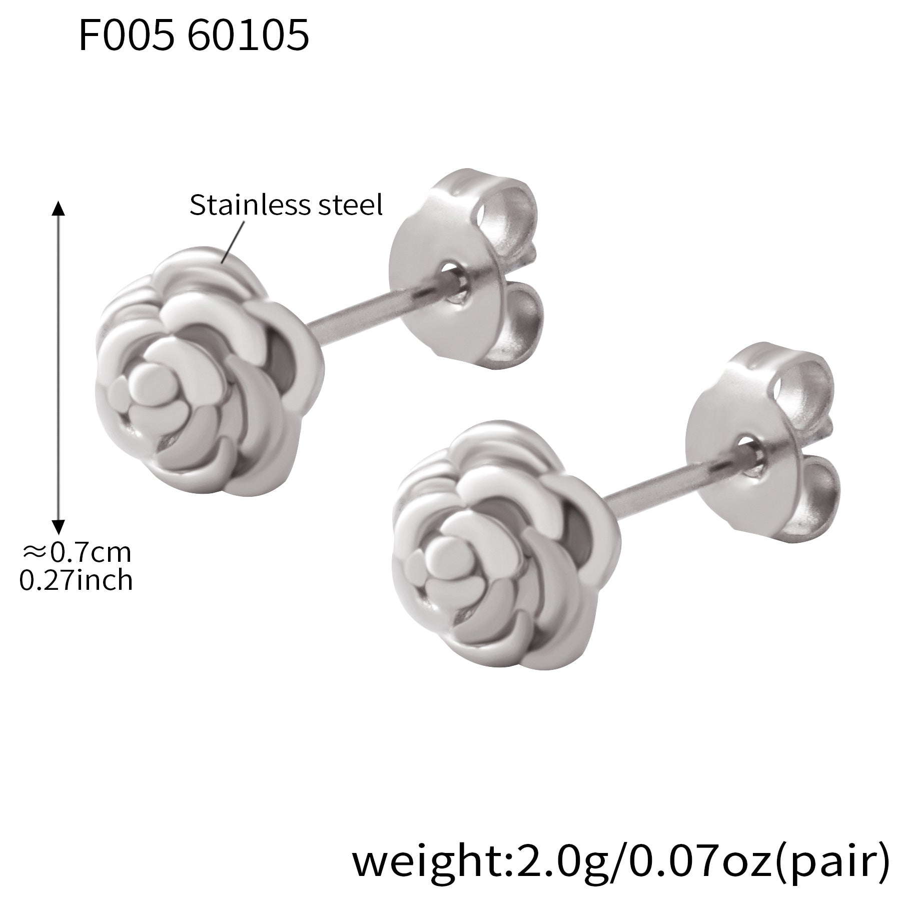 316L Stainless Steel silver rose flower stud earrings size and weight details, 0.7cm, 2g per pair