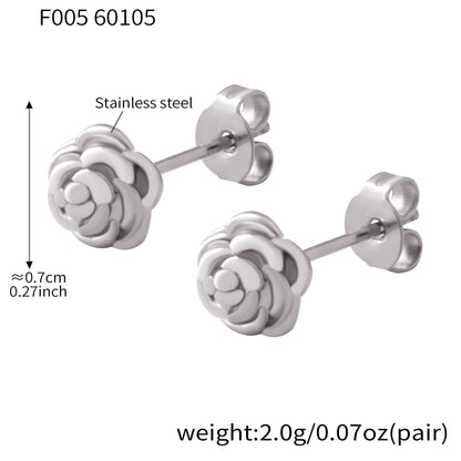 316L Stainless Steel silver rose flower stud earrings size and weight details, 0.7cm, 2g per pair