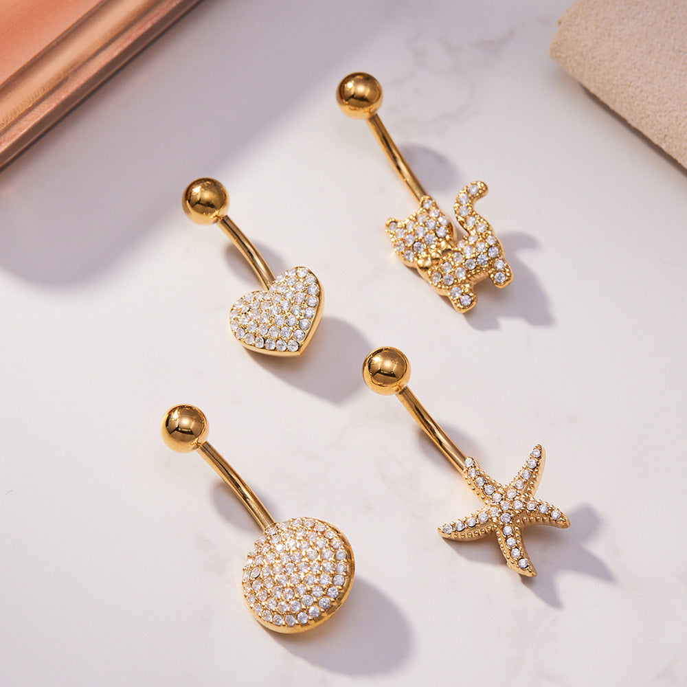 Wholesale gold belly button rings with CZ charm styles, 316L stainless steel navel piercing jewelry