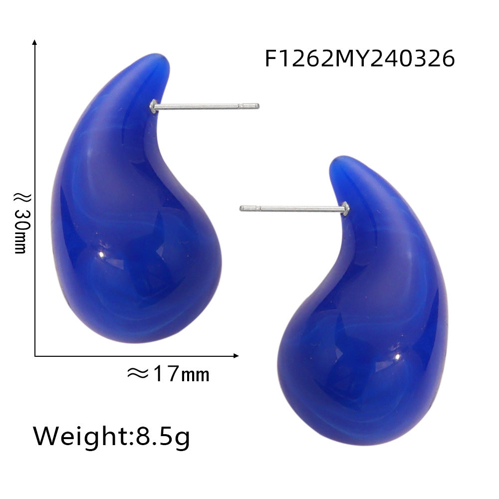 Royal blue resin teardrop stud earrings with 316L stainless steel posts showing size and weight details, lightweight waterproof earrings
