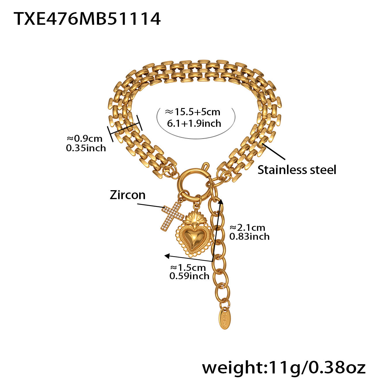 316l stainless steel zircon heart charm bracelet with 18k Pvd gold plating and adjustable length