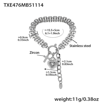 316L stainless steel heart charm bracelet in silver finish with zircon heart and adjustable chain