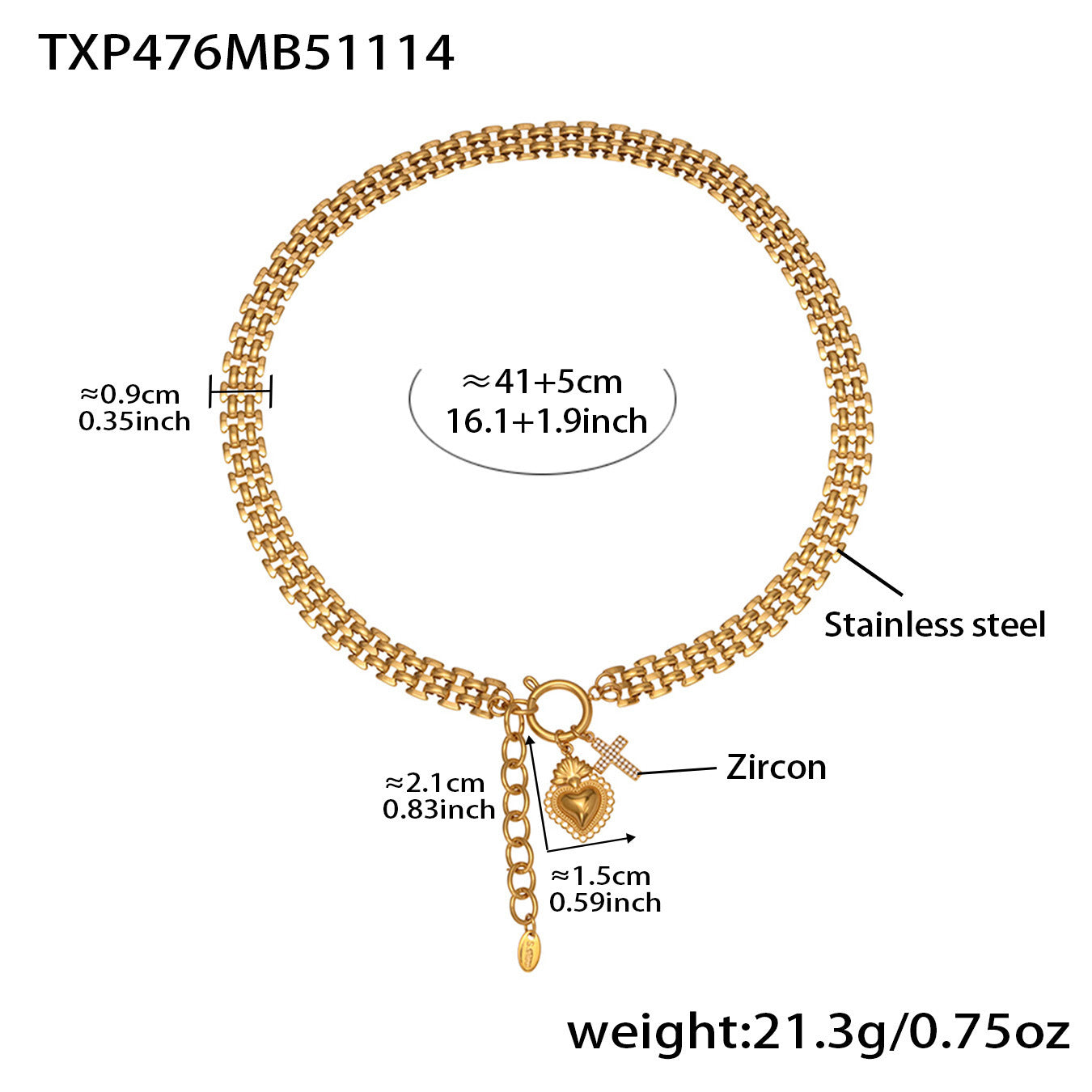 16L stainless steel heart charm bracelet in silver with size details, adjustable chain