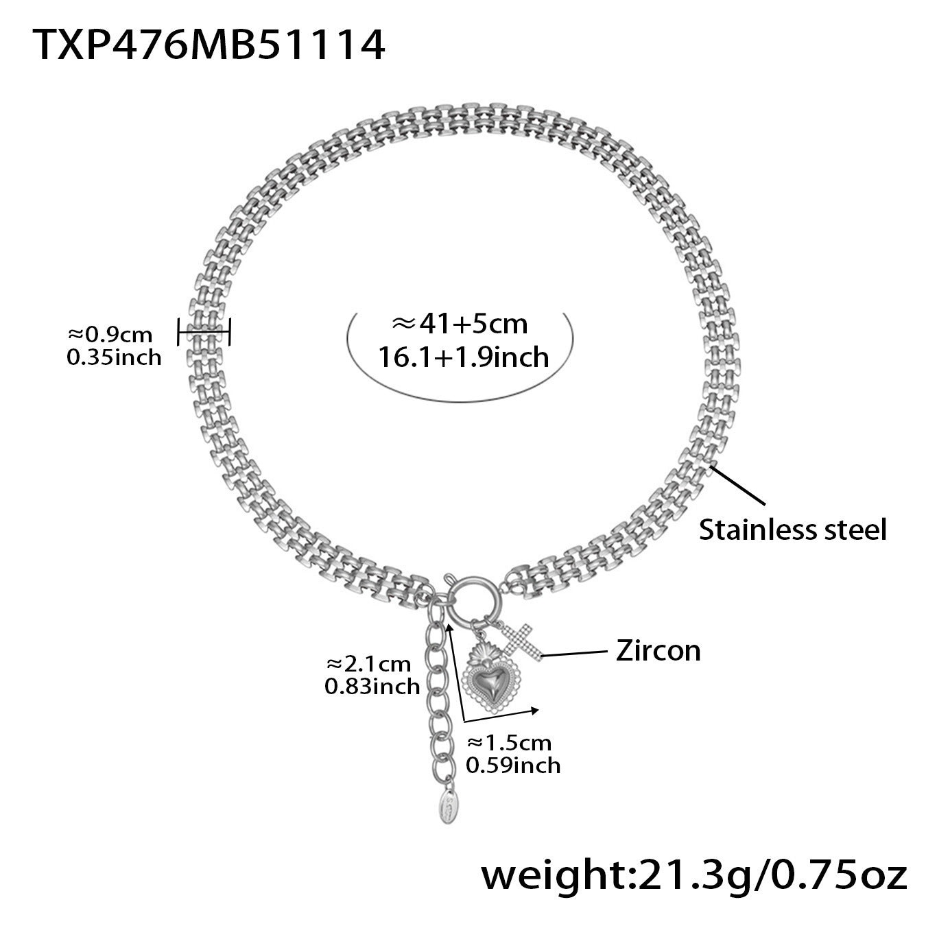 316L Stainless Steel Heavy Chain Heart Charm Necklace & Bracelet Set