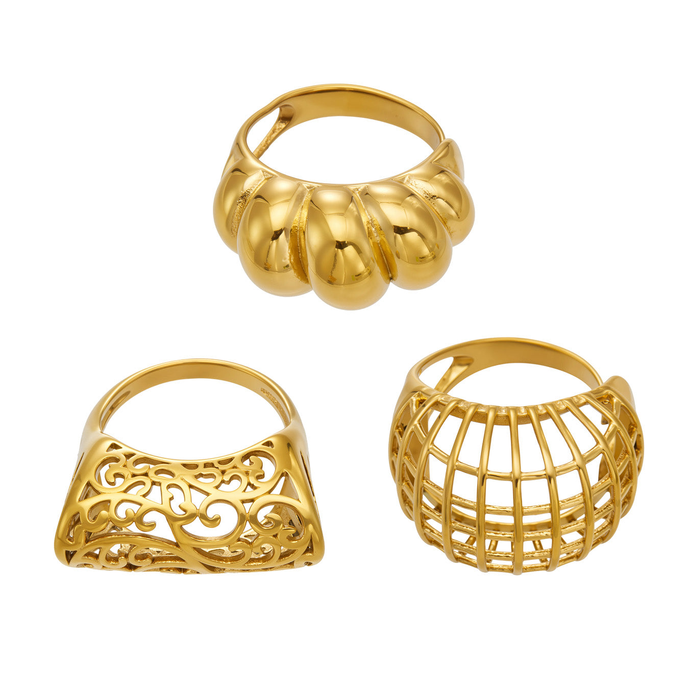 Gold tone 316L stainless steel statement rings in sculptural hollow and geometric cage designs