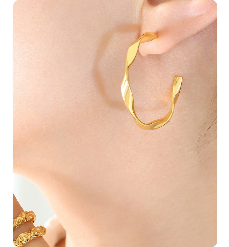 316L Stainless Steel Sculptural Twisted C-Hoop Earrings - Image 4