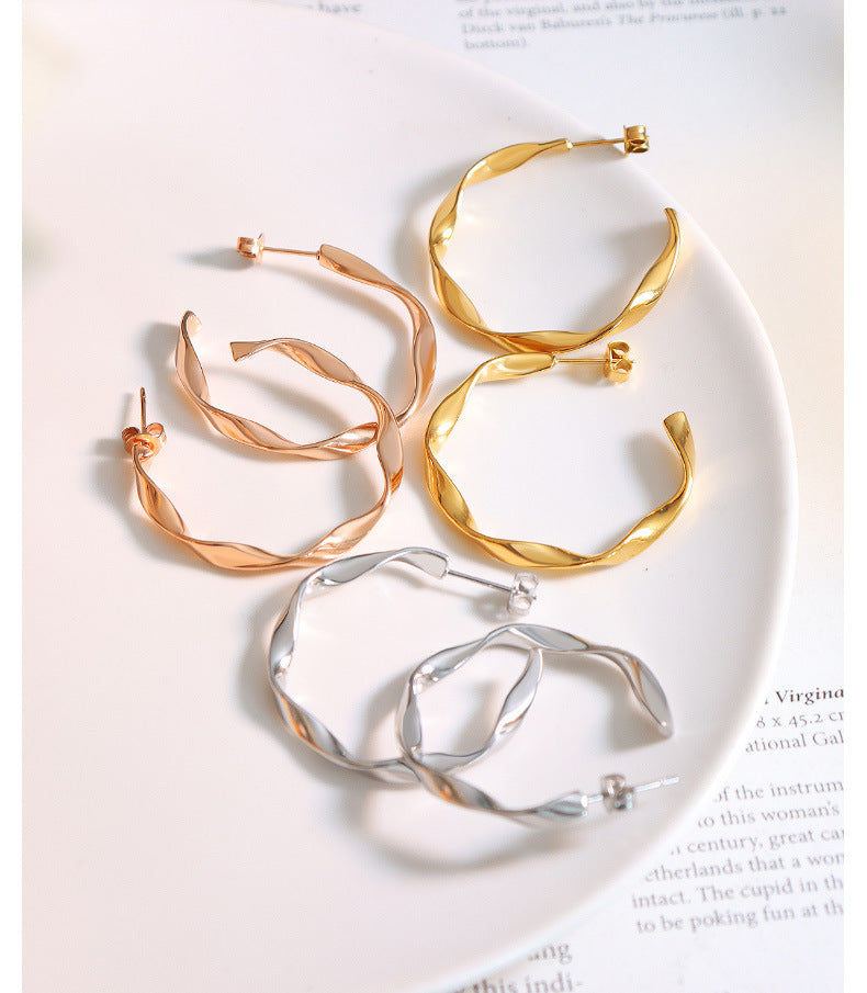 316L Stainless Steel Sculptural Twisted C-Hoop Earrings - Image 7