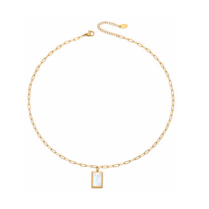 18K PVD gold 316L stainless steel seashell rectangle pendant necklace front view