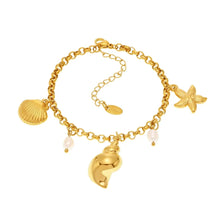 18K PVD gold 316L stainless steel freshwater pearl shell charm anklet and bracelet set, waterproof coastal jewelry for wholesale