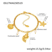 White background product image of gold shell charm anklet with extender chain, 316L stainless steel adjustable beach jewelry