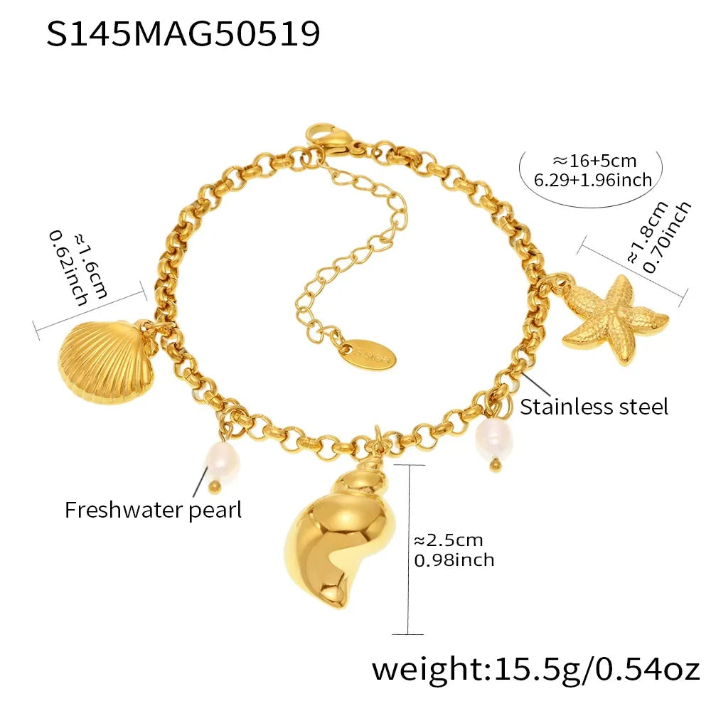 Close-up of natural freshwater pearl drop charm on gold stainless steel chain, hypoallergenic waterproof beach jewelry