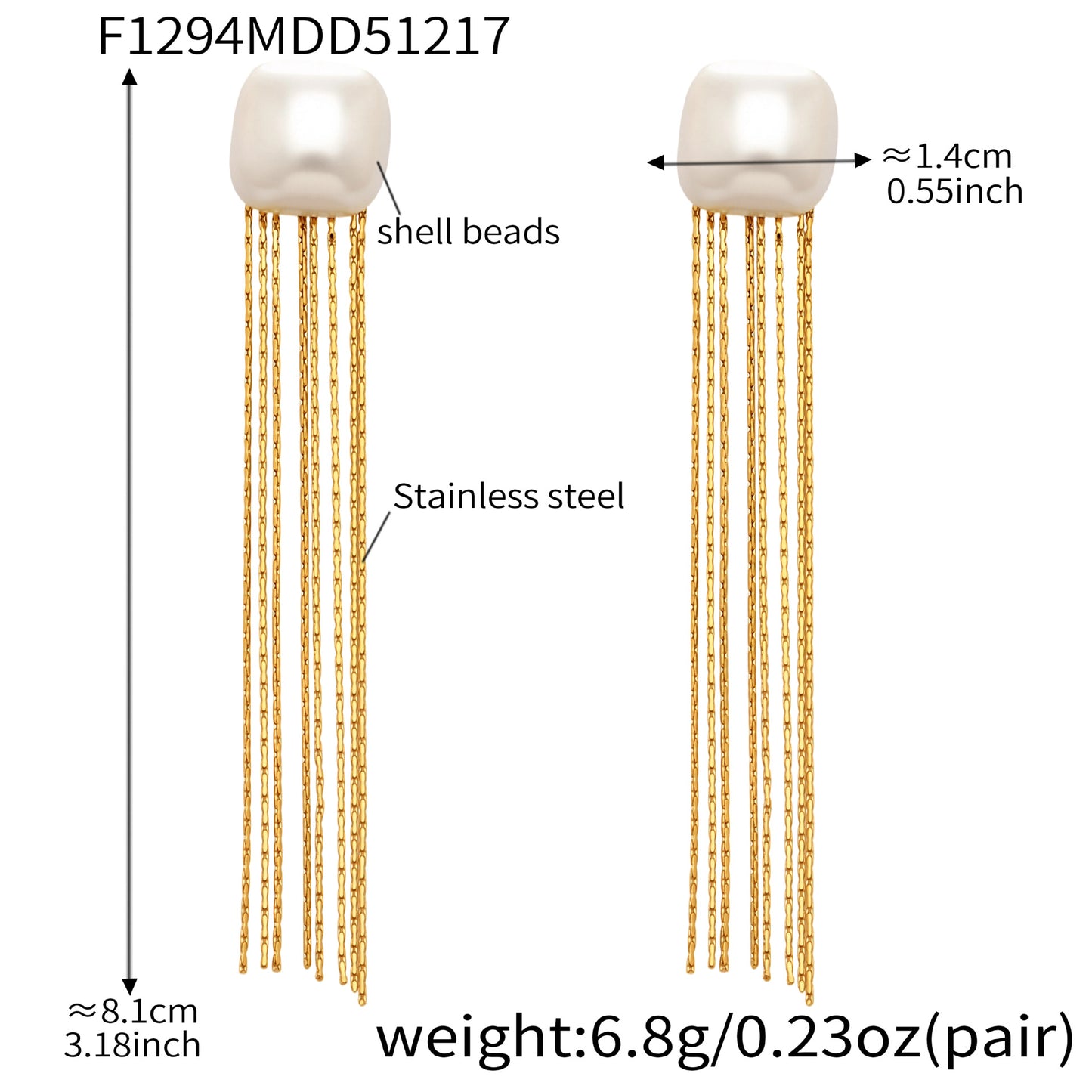 18K PVD gold plated 316L stainless steel shell bead tassel drop earrings detail view