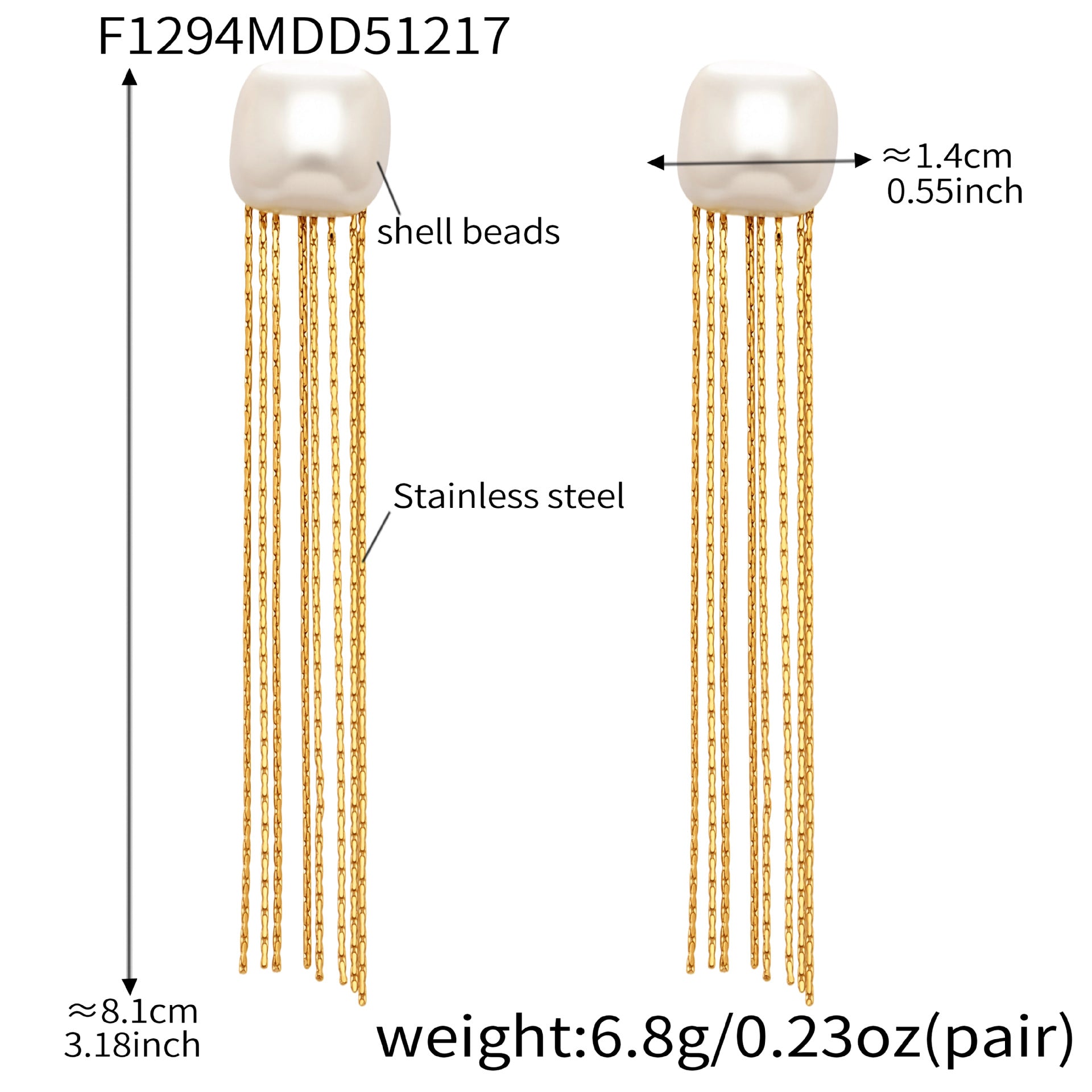 18K PVD gold plated 316L stainless steel shell bead tassel drop earrings detail view