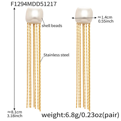 18K PVD gold plated 316L stainless steel shell bead tassel drop earrings detail view