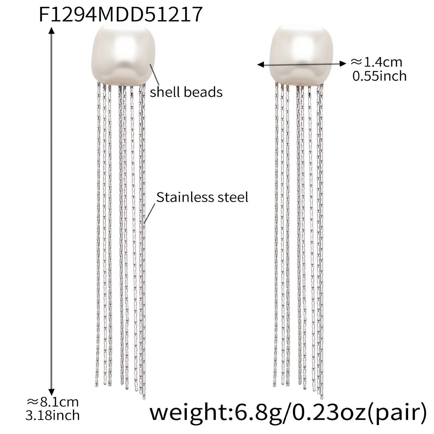 Steel tone 316L stainless steel shell bead tassel drop earrings detail view for bulk buyers