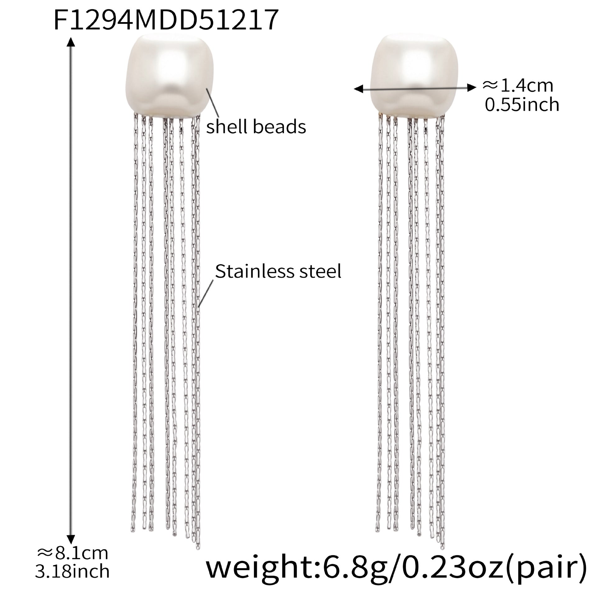 Steel tone 316L stainless steel shell bead tassel drop earrings detail view for bulk buyers