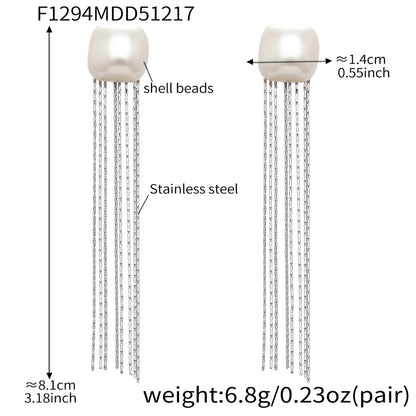 Steel tone 316L stainless steel shell bead tassel drop earrings detail view for bulk buyers