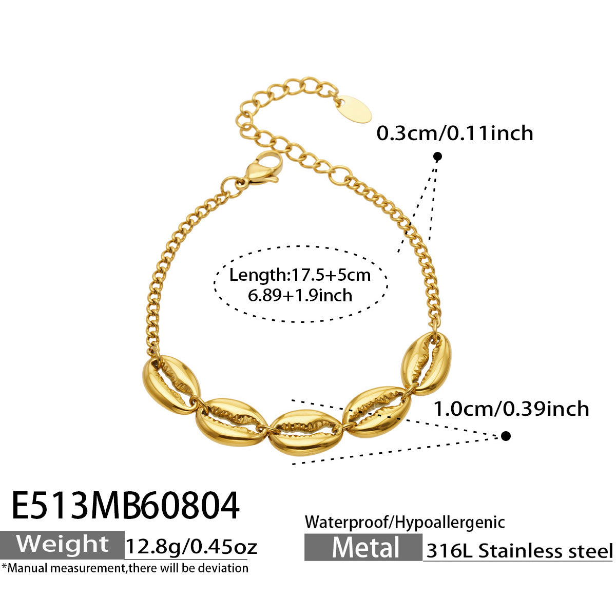 Close-up view of the unique shell design on the bracelet