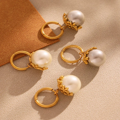 316L Stainless Steel Shell Pearl Flower Huggie Earrings - Image 2