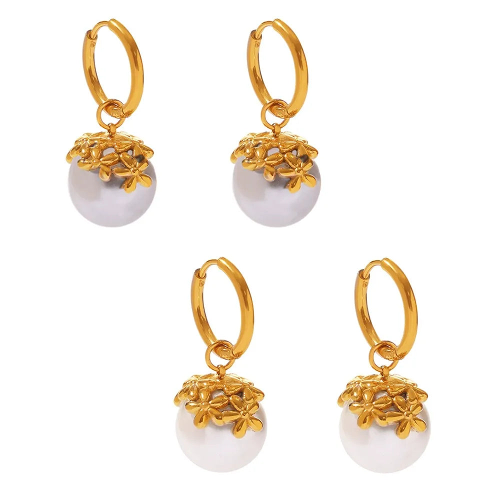 316L Stainless Steel Shell Pearl Flower Huggie Earrings - Image 4