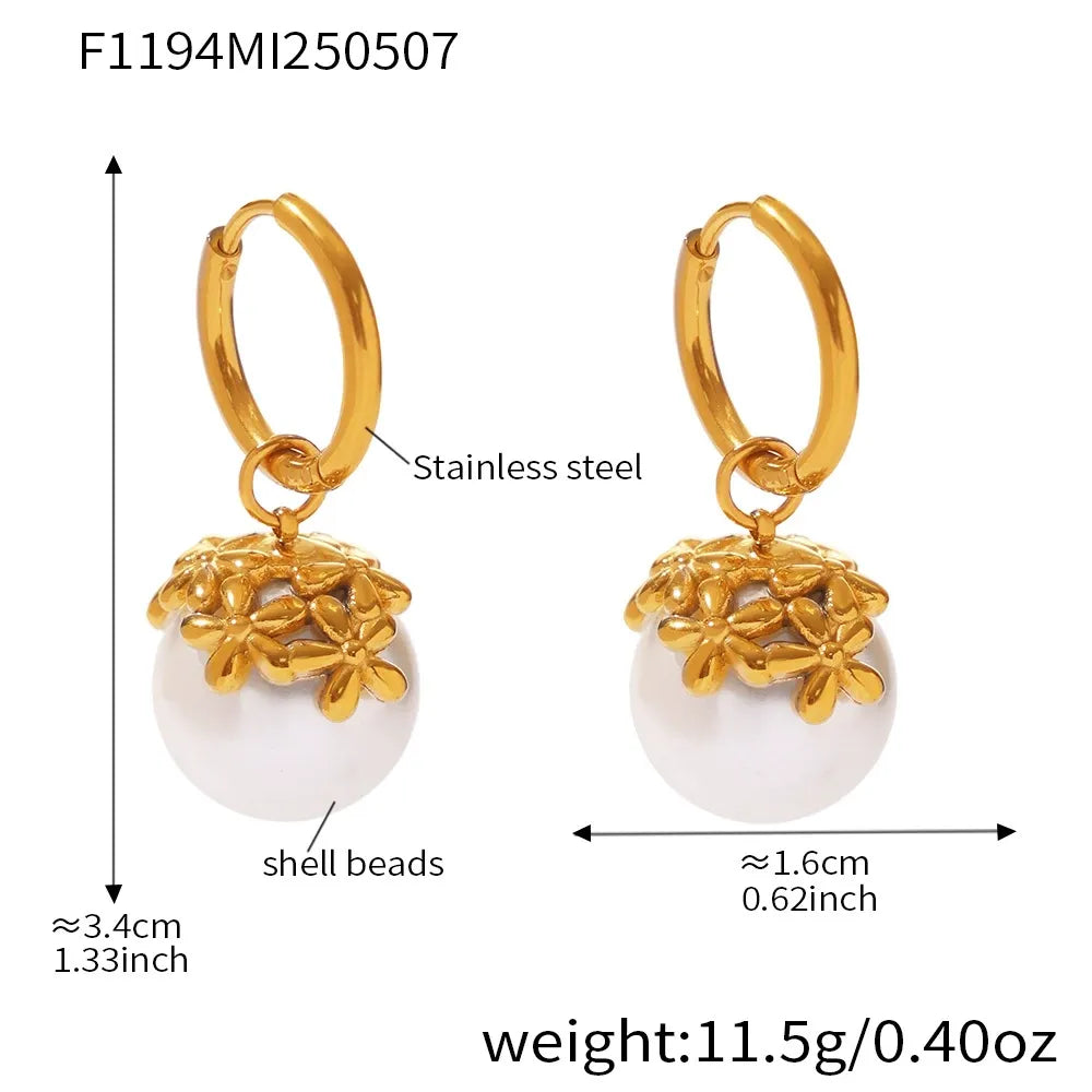 316L Stainless Steel Shell Pearl Flower Huggie Earrings - Image 5