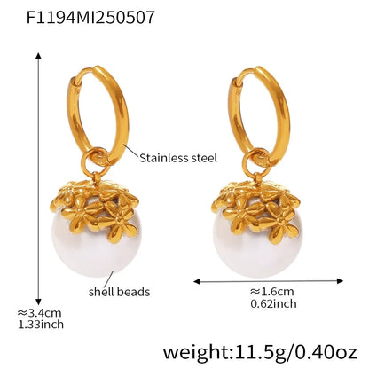 316L Stainless Steel Shell Pearl Flower Huggie Earrings - Image 5