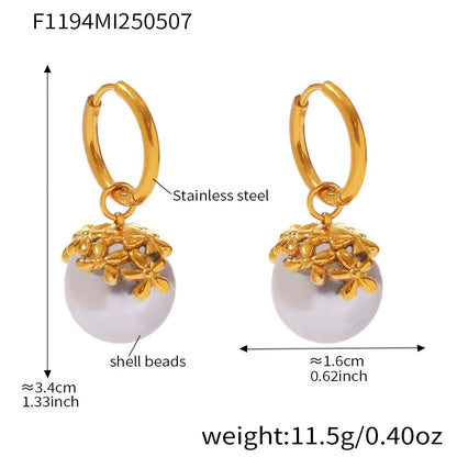 316L Stainless Steel Shell Pearl Flower Huggie Earrings - Image 6