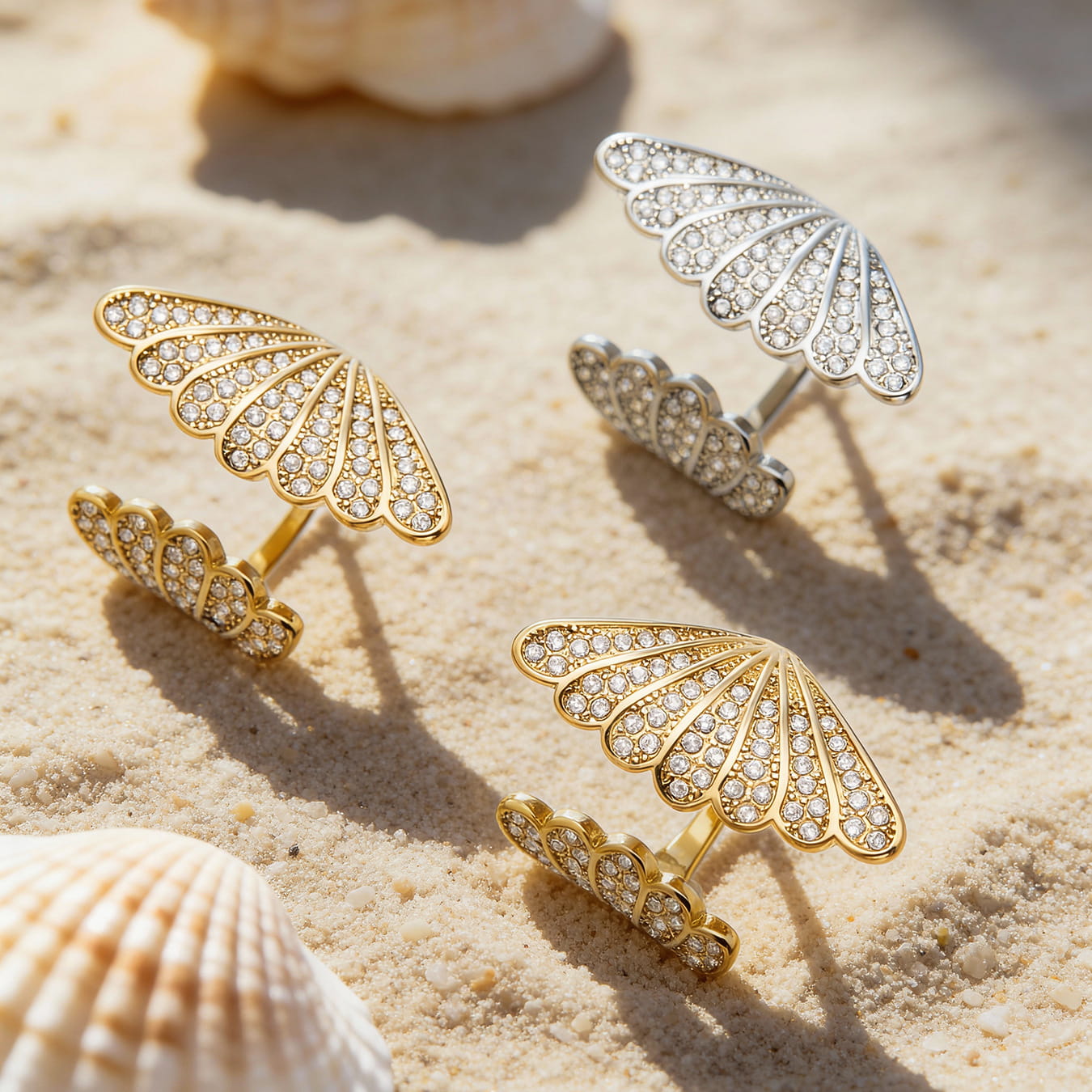 Wholesale 316L stainless steel shell zircon open rings in gold and silver tones