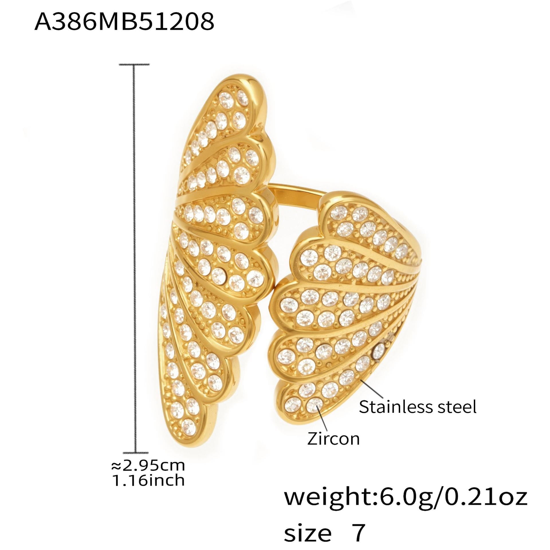 316L stainless steel shell zircon open ring silver tone adjustable size detail